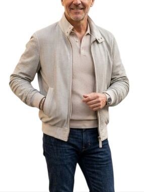 Bally Italy Men's Perforated Cream Lambskin Leather Bomber Jacket Size 40